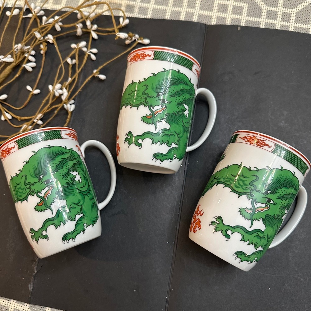 Fitz & Floyd "Dragon Crest" Green Porcelain Mugs set of 3 Vintage